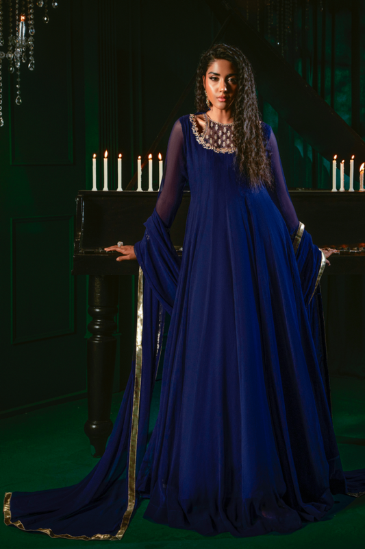Navy Blue Embroidered Chiffon Pishwas Partywear Suit Online in Dubai UAE Abudhabi Ajman Sharjah