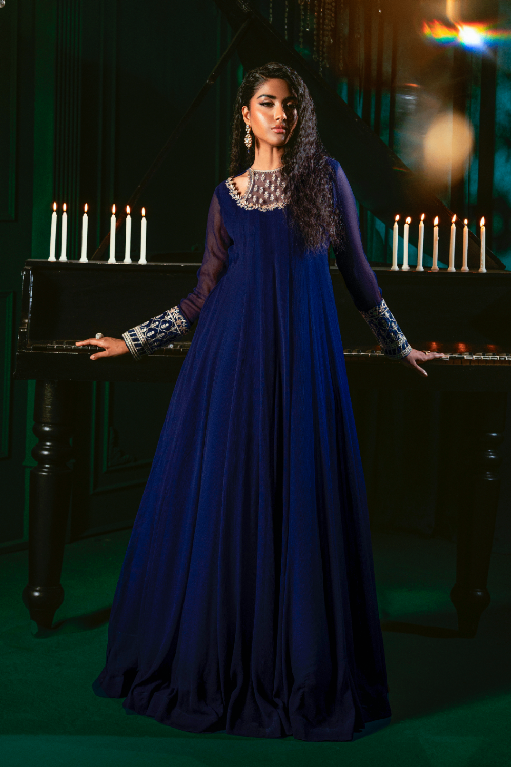 Navy Blue Embroidered Chiffon Pishwas Suit for Women Online in UK USA Canada