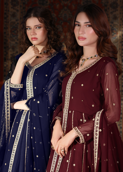 Navy Blue Embroidered Chiffon Pishwas with Dupatta Online in Dubai DXB UAE Abudhabi Meena Bazaar