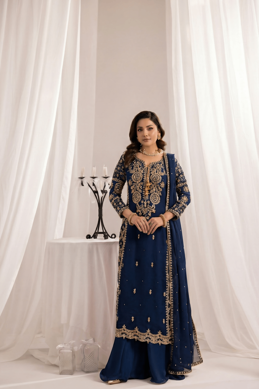 Navy Blue Embroidered Chiffon Sharara Suit Online in Dubai UAE Abudhabi Ajman Sharjah