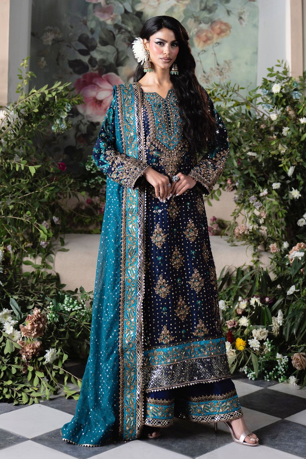 Navy Blue Embroidered Chiffon Wedding Guest Suit Online in Dubai UAE Abudhabi Ajman Sharjah