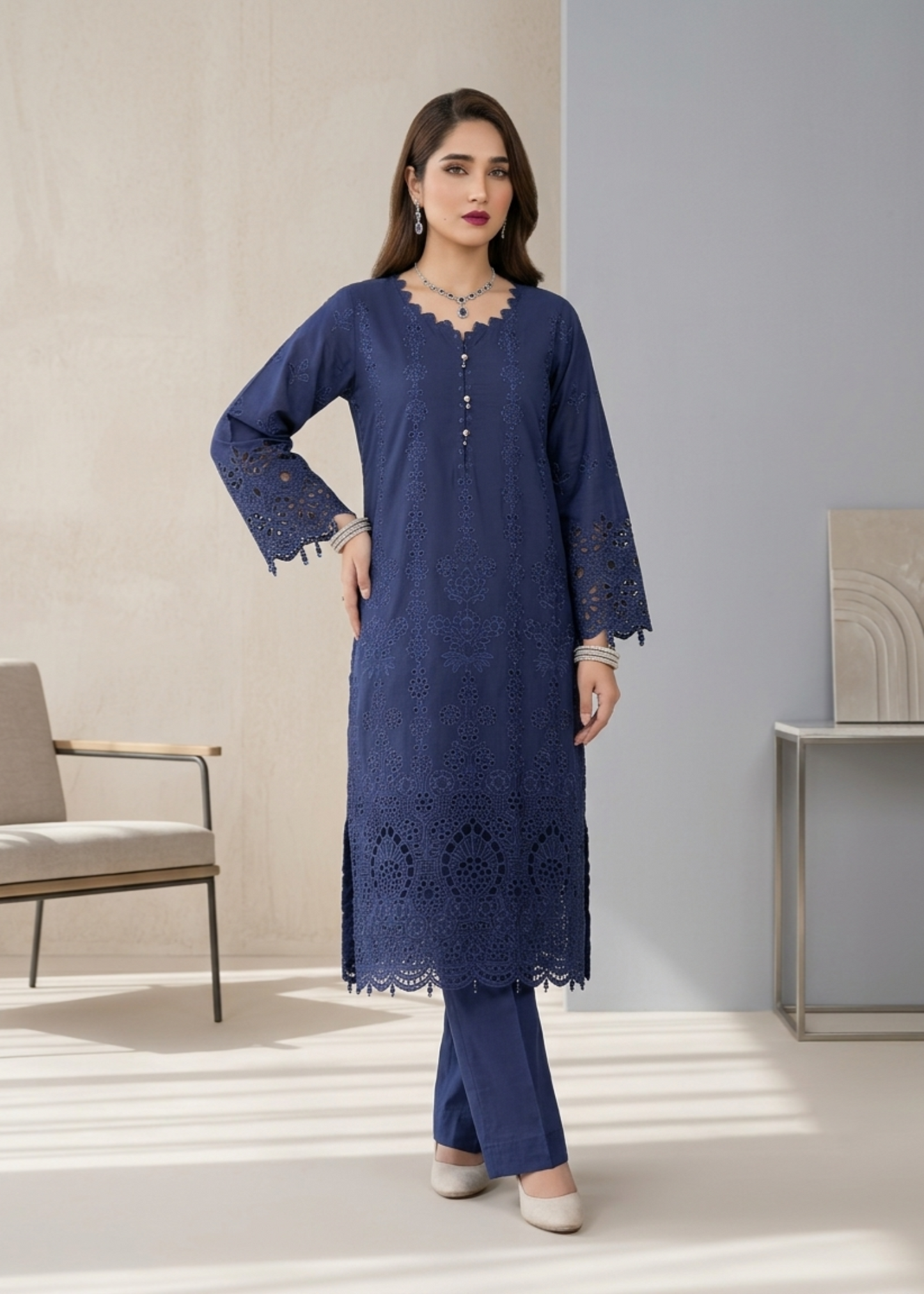 Navy Blue Embroidered Cotton Chikankari Suit Online in Dubai UAE Abudhabi Ajman Sharjah