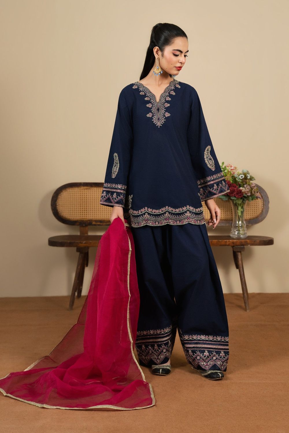 Navy Blue Embroidered Cotton Farshi Shalwar Suit Online in Dubai UAE Abudhabi Ajman Sharjah