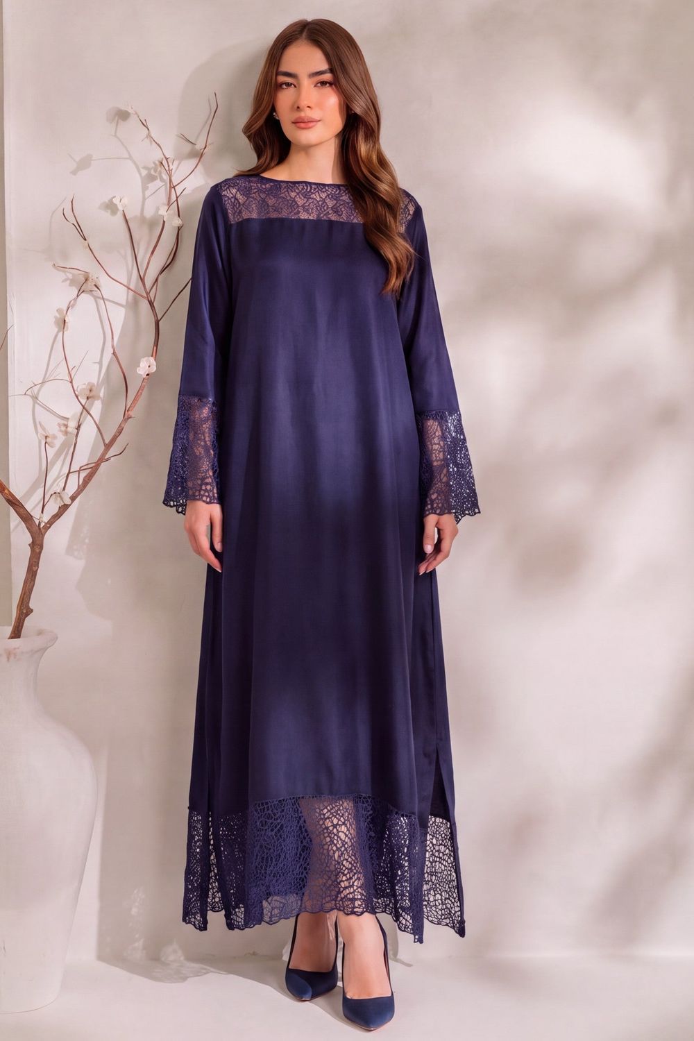 Navy Blue Embroidered Dhanak Kaftan Online in Dubai UAE Abudhabi Ajman Sharjah