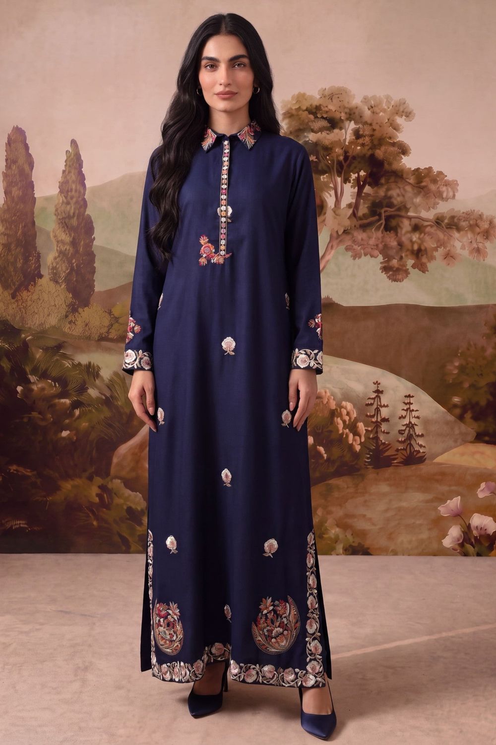Navy Blue Embroidered Dhanak Kaftan Online in Dubai UAE Abudhabi Ajman Sharjah