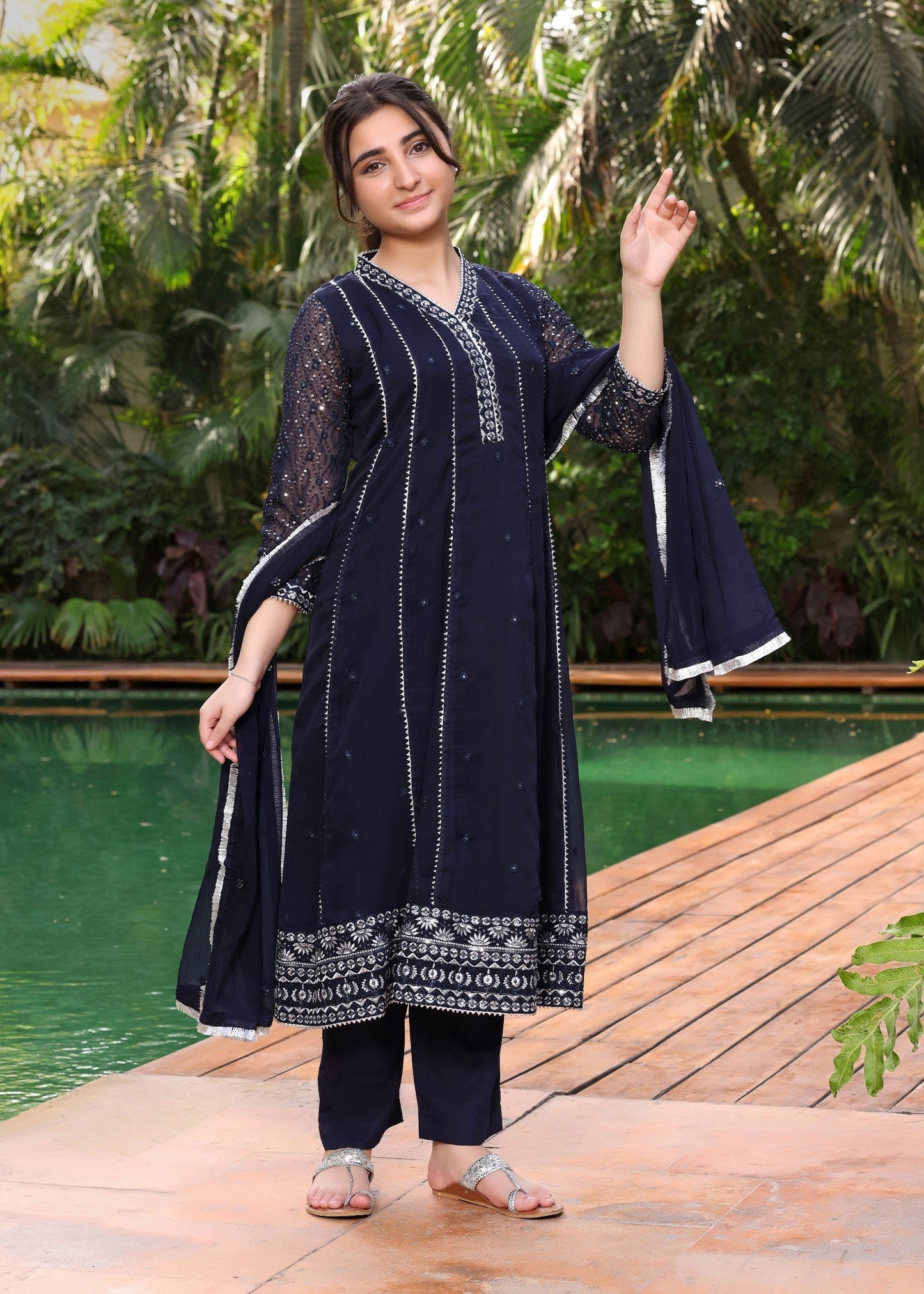 Navy Blue Embroidered Flared Pishwas for Girls Online in UK USA Canada