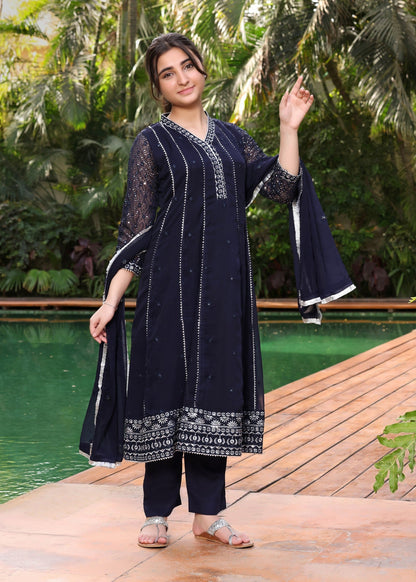 Navy Blue Embroidered Flared Pishwas for Girls Online in UK USA Canada