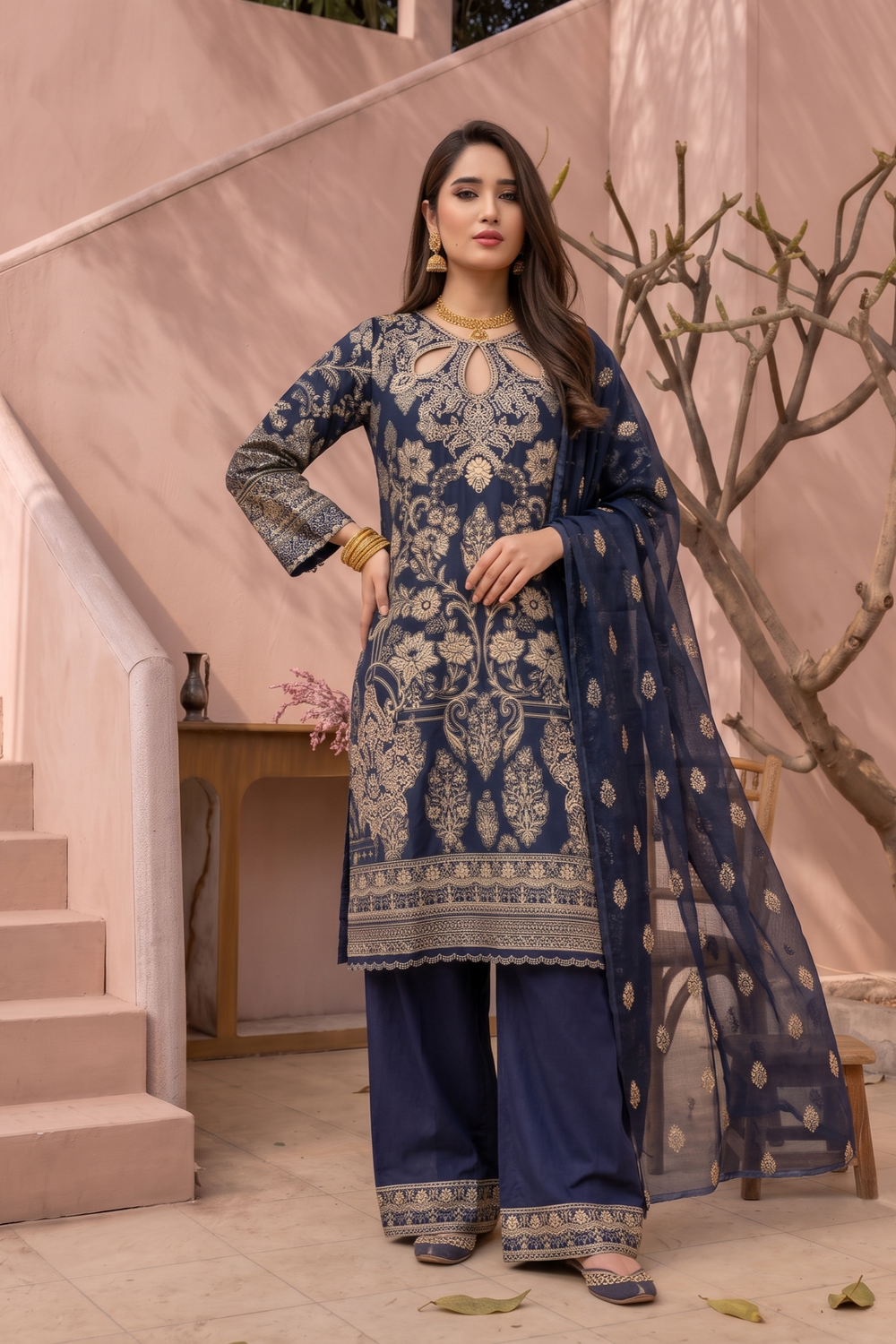 Navy Blue Embroidered Jacquard Festive Suit Online in Dubai UAE Abudhabi Ajman Sharjah