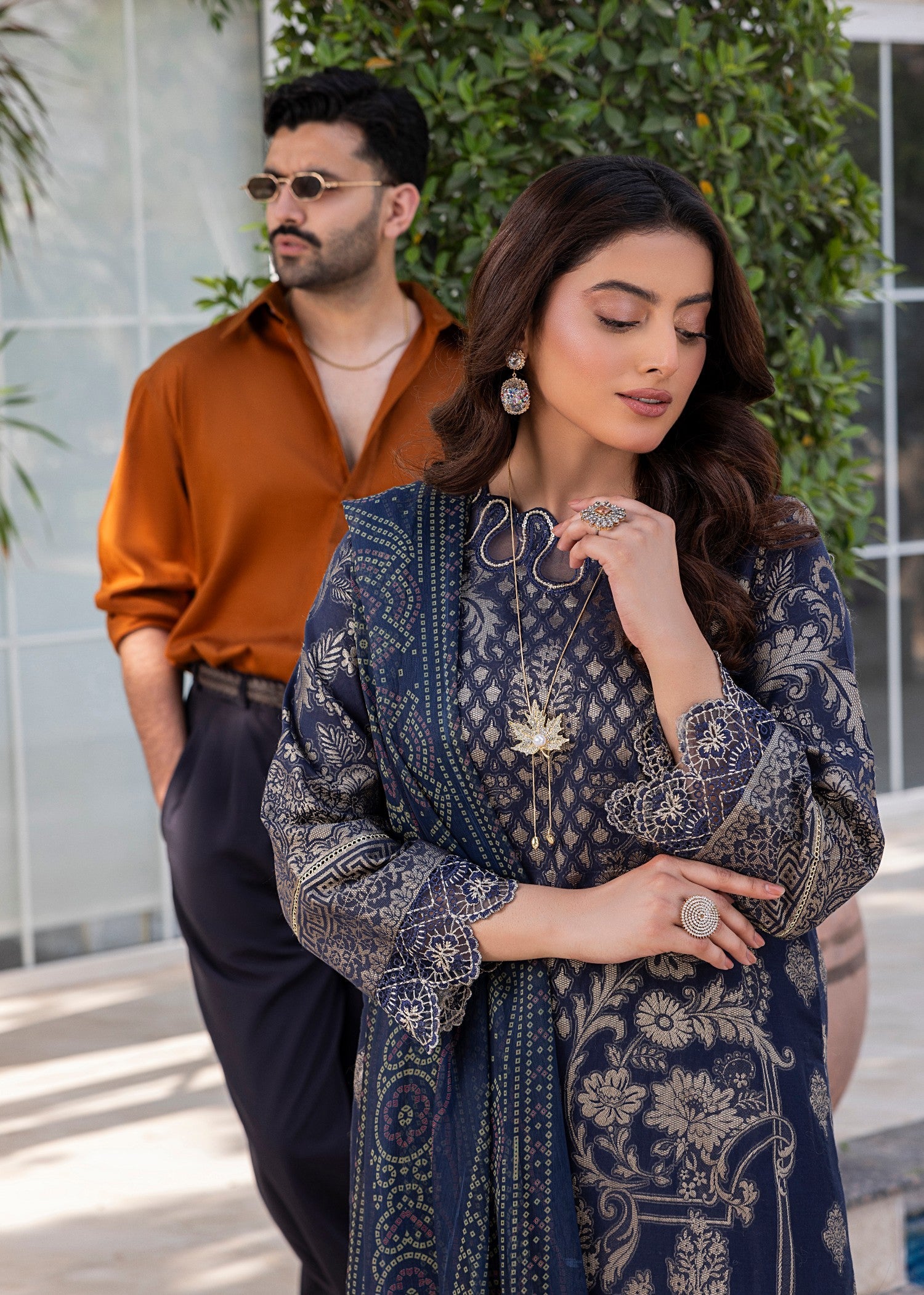 Navy Blue Embroidered Jacquard Festive Suit Online in Dubai UAE Abudhabi Ajman Sharjah