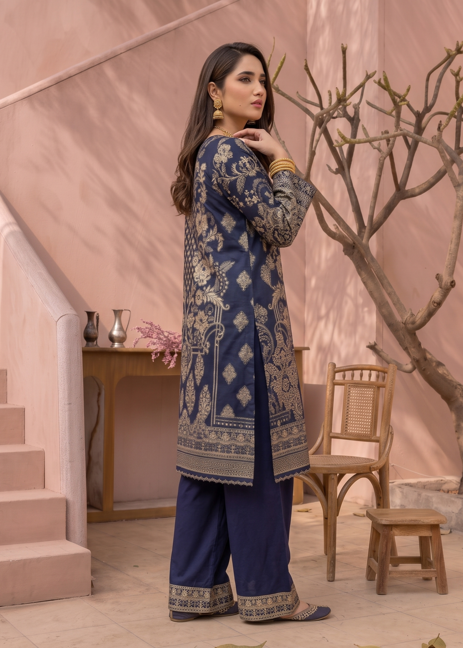 Navy Blue Embroidered Jacquard Kurta Suit Online in Dubai DXB UAE Abudhabi Meena Bazaar