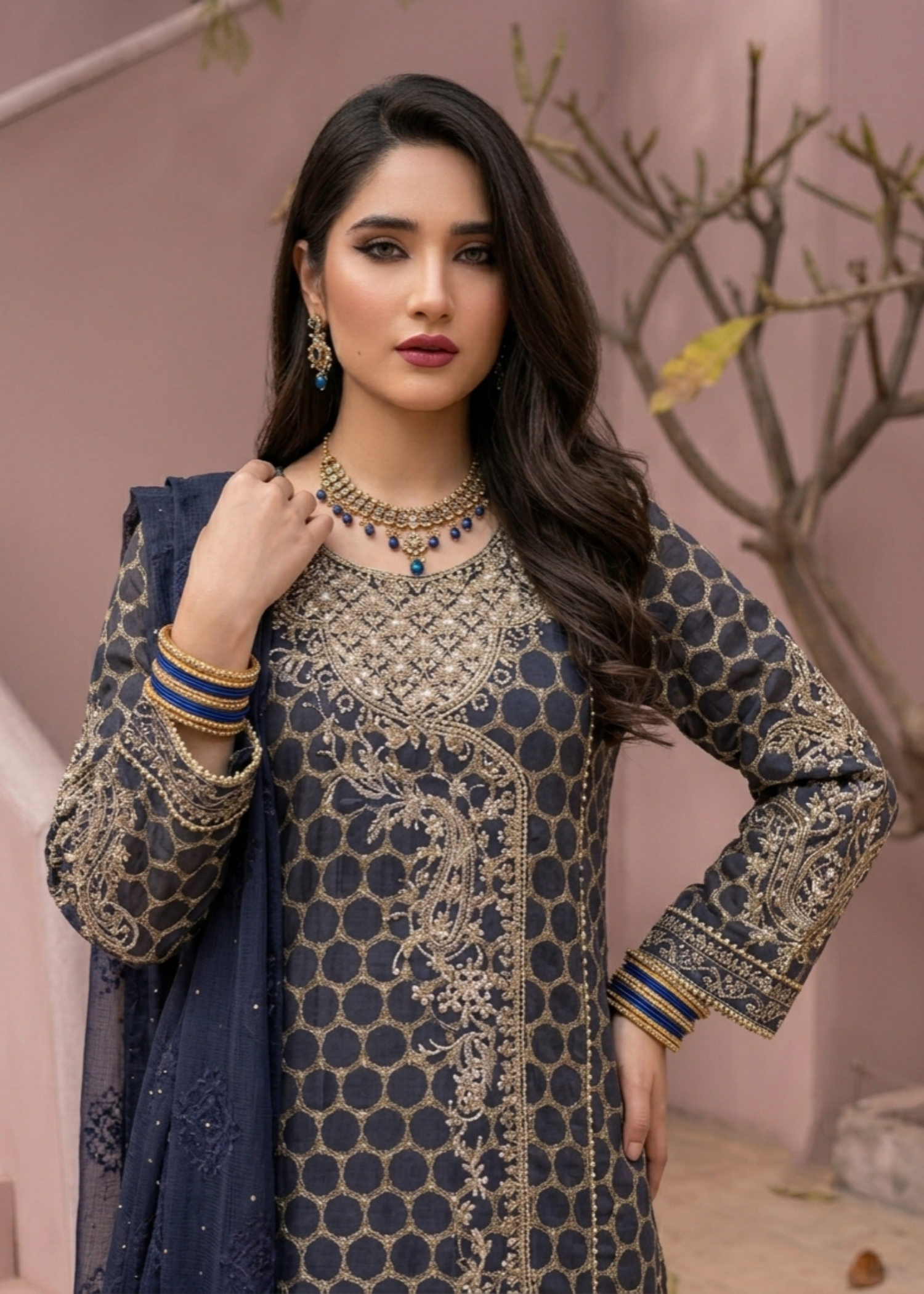 Navy Blue Embroidered Jacquard Kurta Suit Online in Dubai UAE Abudhabi Ajman Sharjah