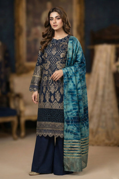 Navy Blue Embroidered Jacquard Partywear Suit Online in Dubai UAE Abudhabi Ajman Sharjah