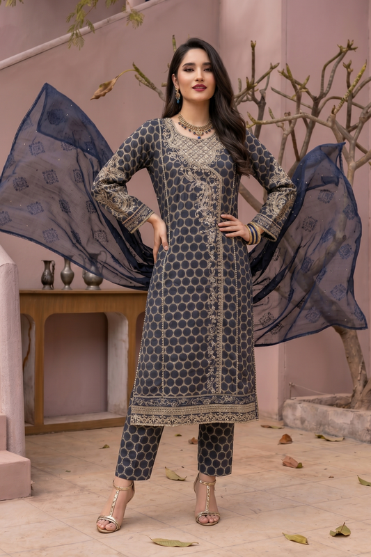 Navy Blue Embroidered Jacquard Salwar Kameez Online in Dubai UAE Abudhabi Ajman Sharjah