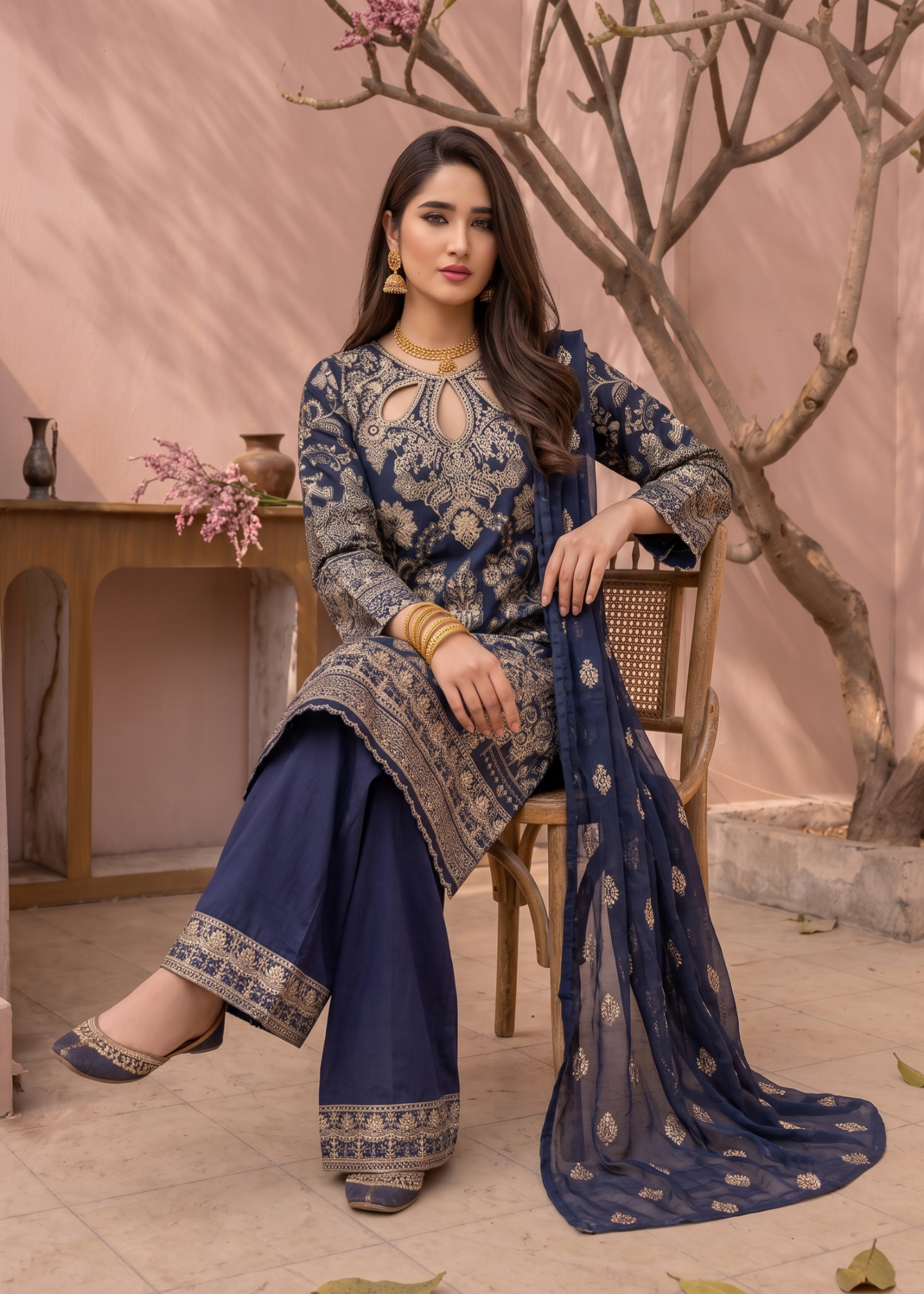 Navy Blue Embroidered Jacquard Three Piece Suit Online in KSA Riyadh Saudi Arabia Oman Bahrain Qatar