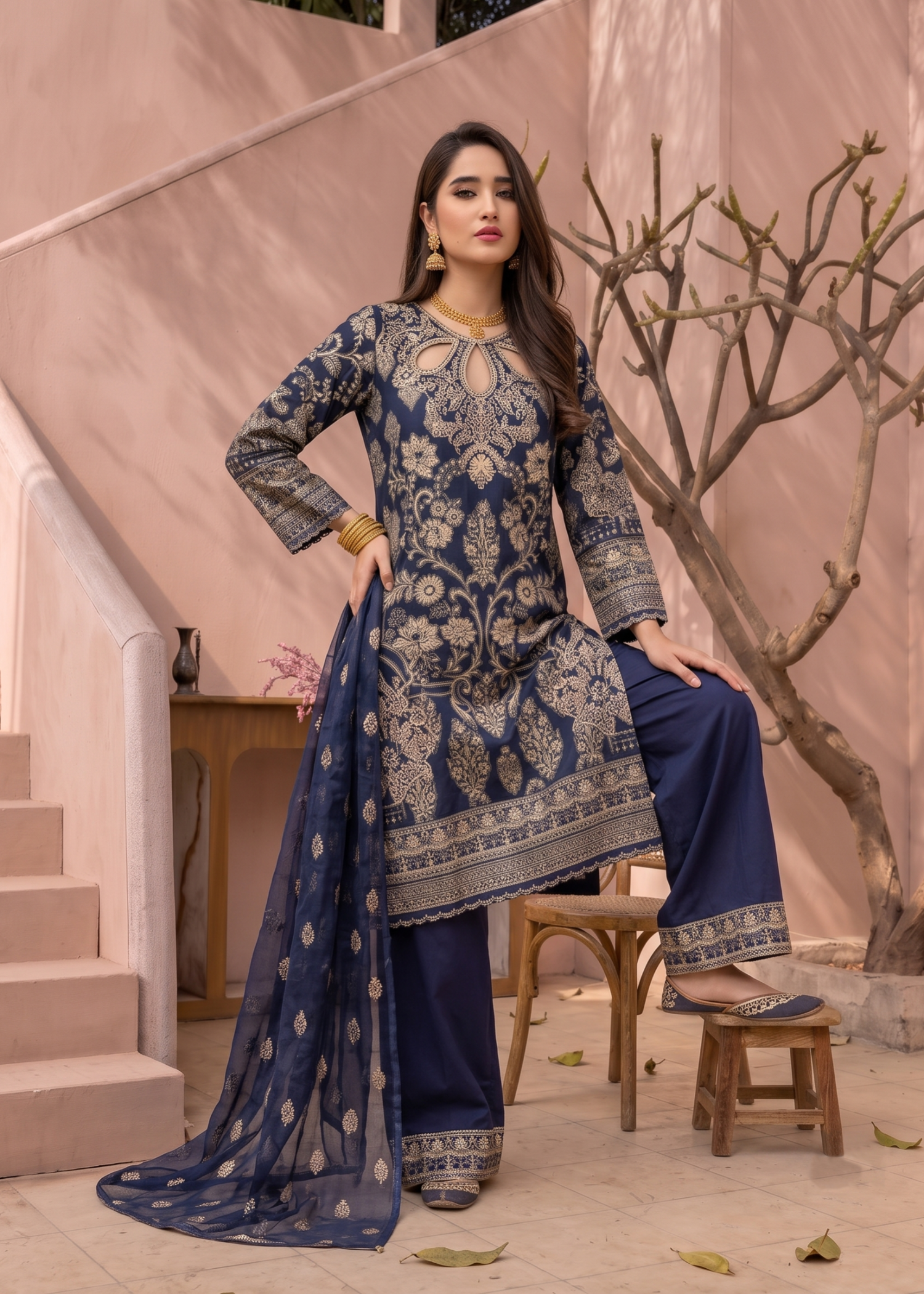 Navy Blue Embroidered Kurta with Trouser and Dupatta Online in Dubai DXB UAE Abudhabi Meena Bazaar