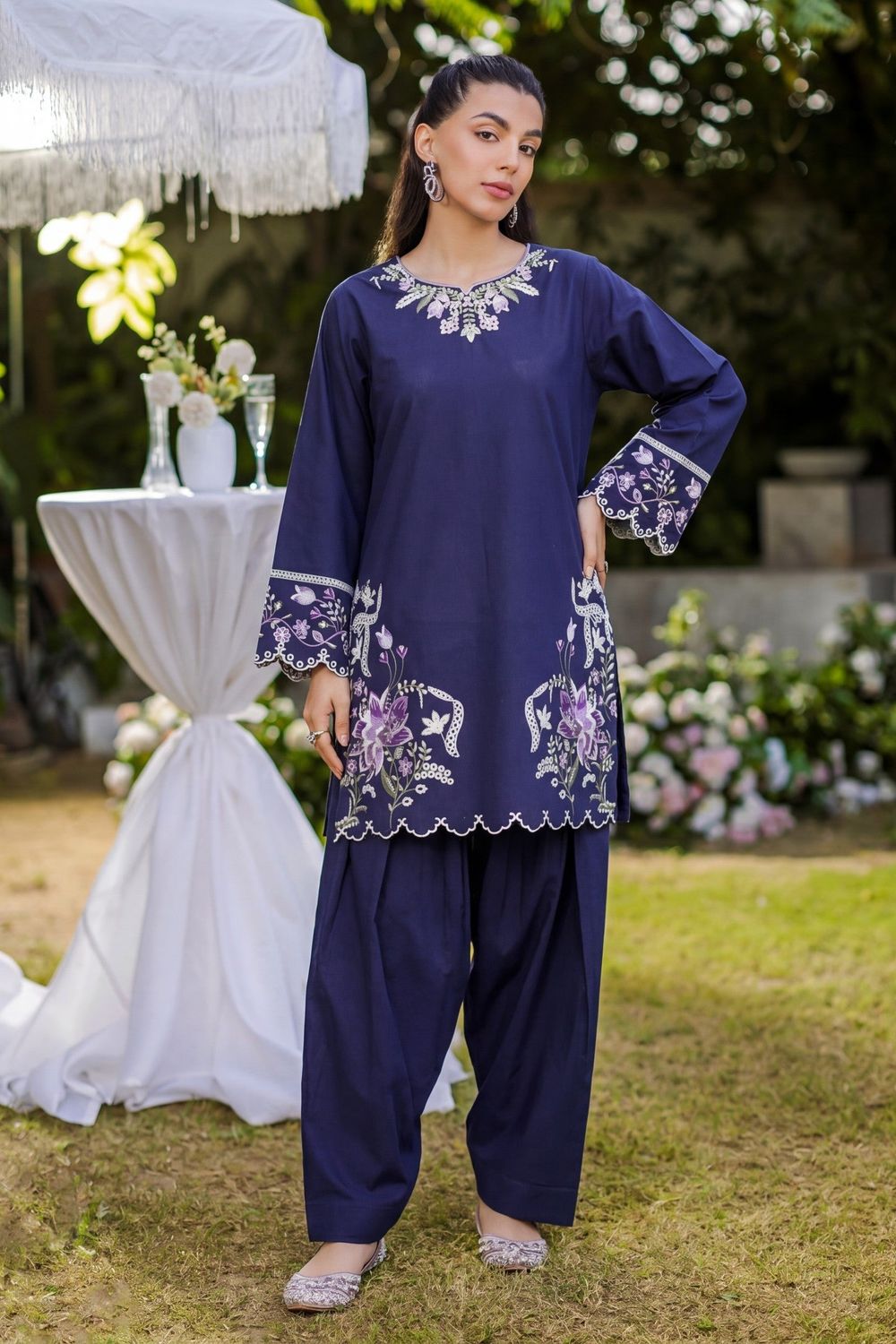 Navy Blue Embroidered Lawn Farshi Shalwar Suit Online in Dubai UAE Abudhabi Ajman Sharjah