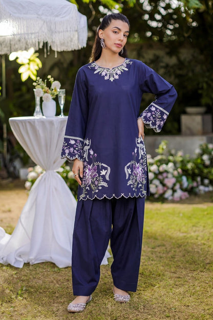 Navy Blue Embroidered Lawn Farshi Shalwar Suit Online in Dubai UAE Abudhabi Ajman Sharjah