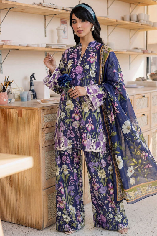 Navy Blue Embroidered Lawn Farshi Shalwar Suit Online in Dubai UAE Abudhabi Ajman Sharjah