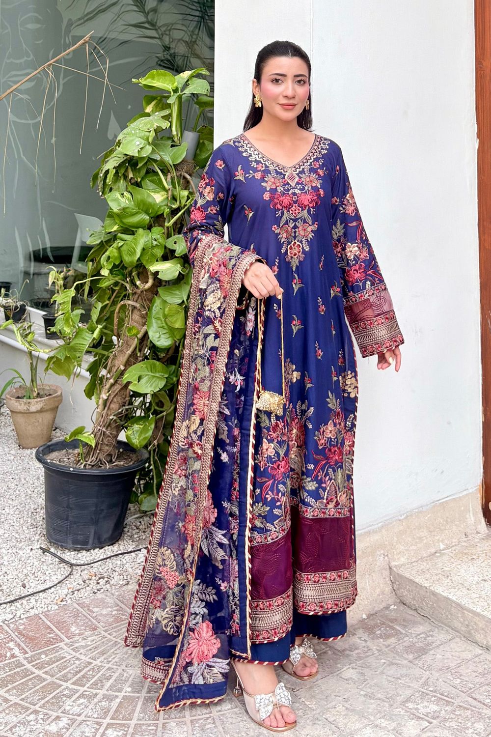Navy Blue Embroidered Lawn Festive Suit Online in Dubai UAE Abudhabi Ajman Sharjah