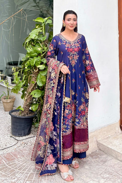 Navy Blue Embroidered Lawn Festive Suit Online in Dubai UAE Abudhabi Ajman Sharjah