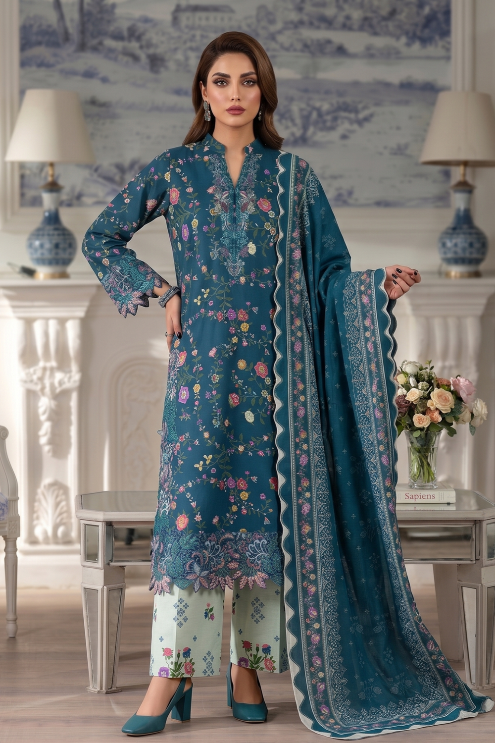 Navy Blue Embroidered Lawn Festive Suit Online in Dubai UAE Abudhabi Ajman Sharjah