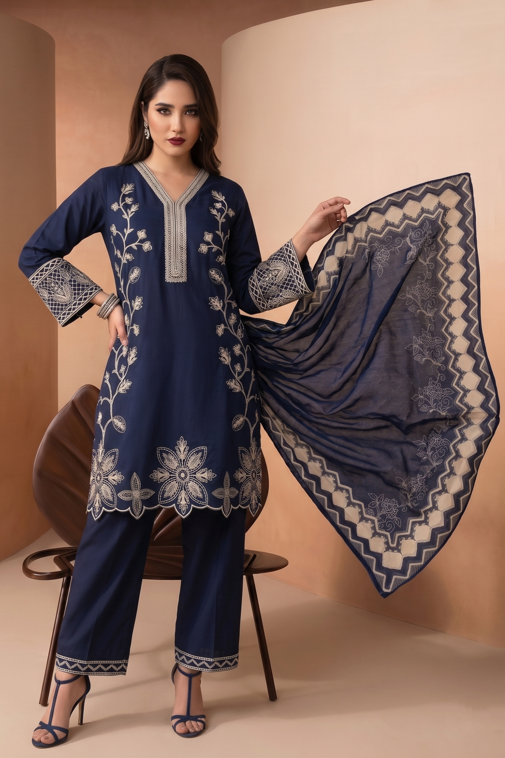 Navy Blue Embroidered Lawn Festive Suit Online in Dubai UAE Abudhabi Ajman Sharjah