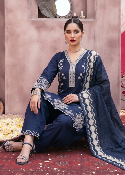 Navy Blue Embroidered Lawn Festive Wear Suit Online in Sri Lanka India Australia