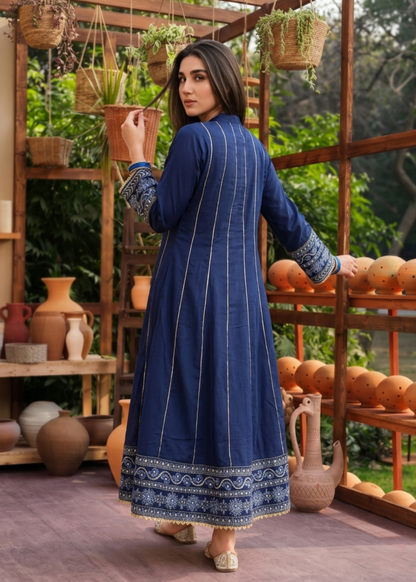 Navy Blue Embroidered Lawn Flared Pishwas Online in Sri Lanka India Australia