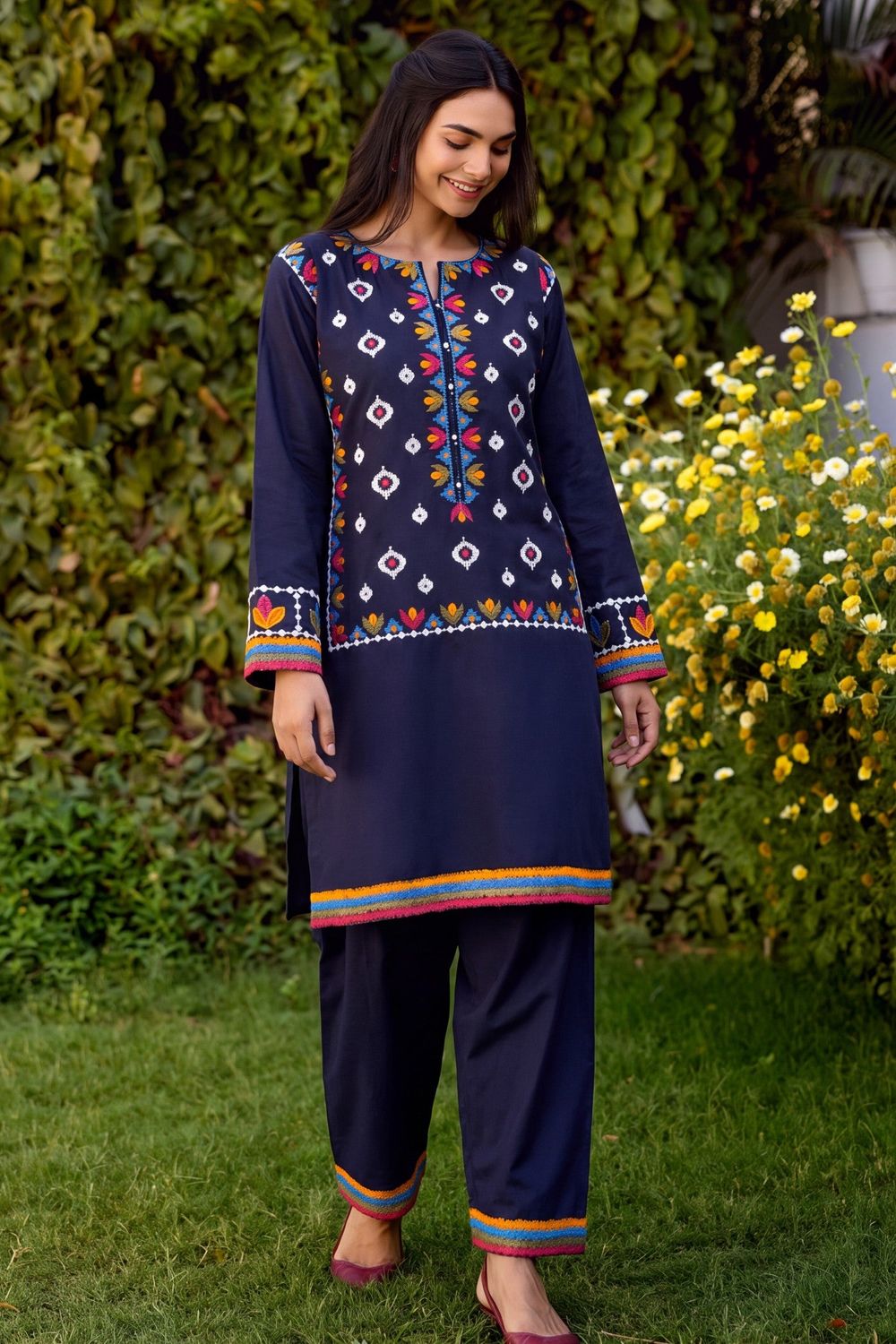 Navy Blue Embroidered Lawn Kurta Set Online in Dubai UAE Abudhabi Ajman Sharjah