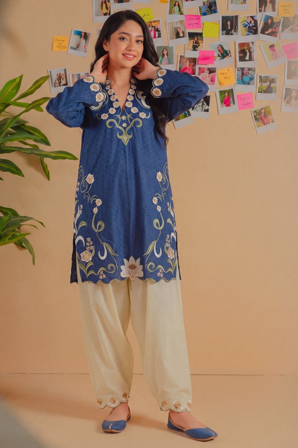 Navy Blue Embroidered Lawn Kurta Set Online in Dubai UAE Abudhabi Ajman Sharjah