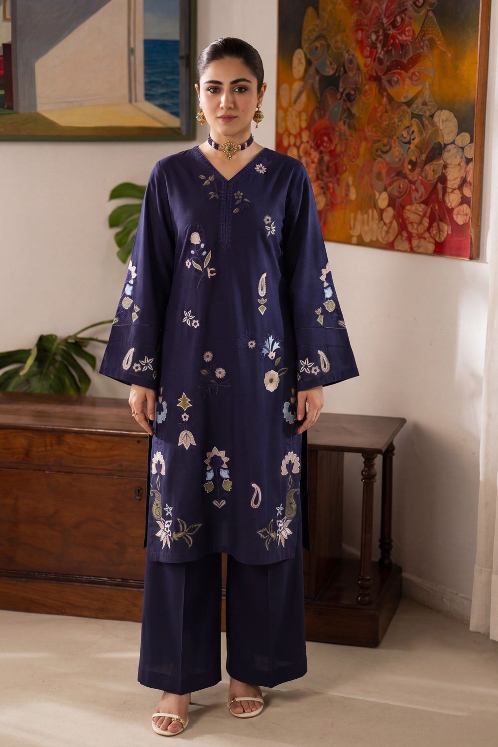 Navy Blue Embroidered Lawn Kurta Set Online in Dubai UAE Abudhabi Ajman Sharjah
