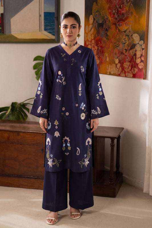 Navy Blue Embroidered Lawn Kurta Set Online in Dubai UAE Abudhabi Ajman Sharjah