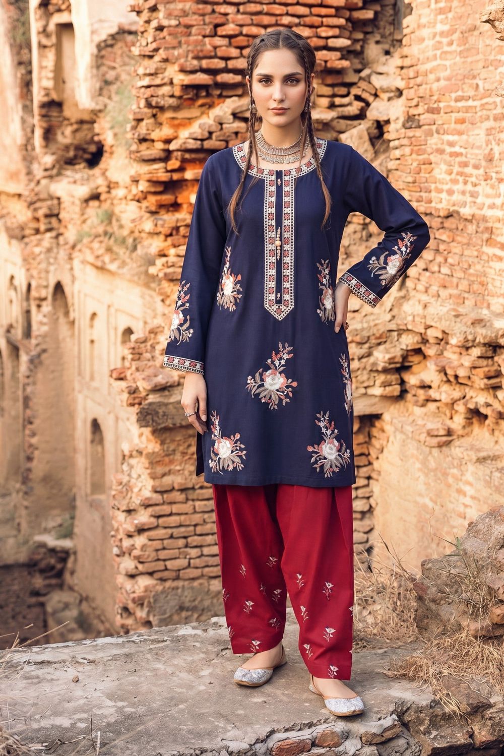 Navy Blue Embroidered Lawn Kurta Shalwar Online in Dubai UAE Abudhabi Ajman Sharjah