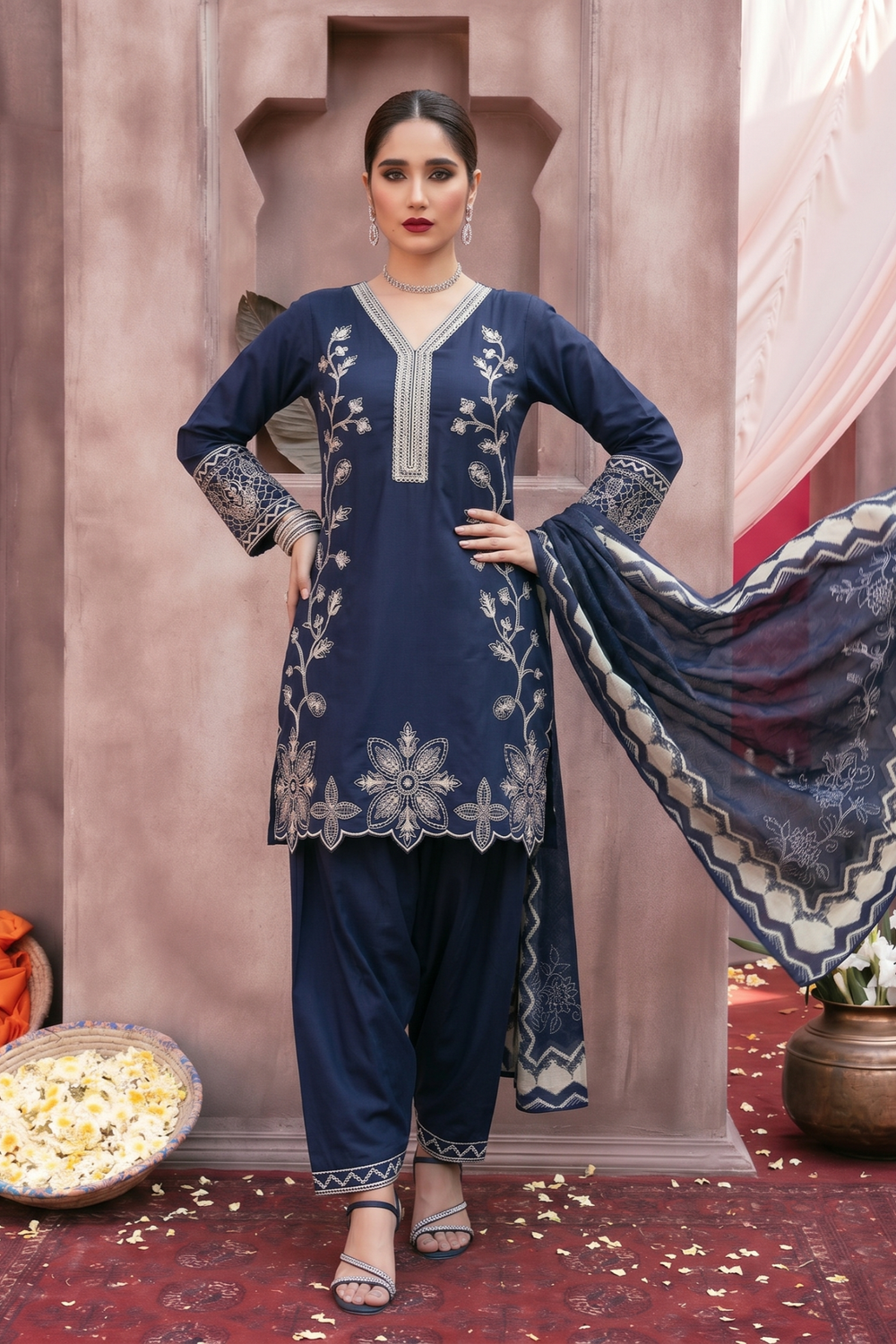 Navy Blue Embroidered Lawn Pakistani Suit Online in Dubai UAE Abudhabi Ajman Sharjah