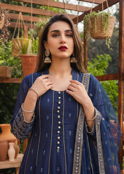 Navy Blue Embroidered Lawn Party Wear Ladies Suit Online in UK USA Canada
