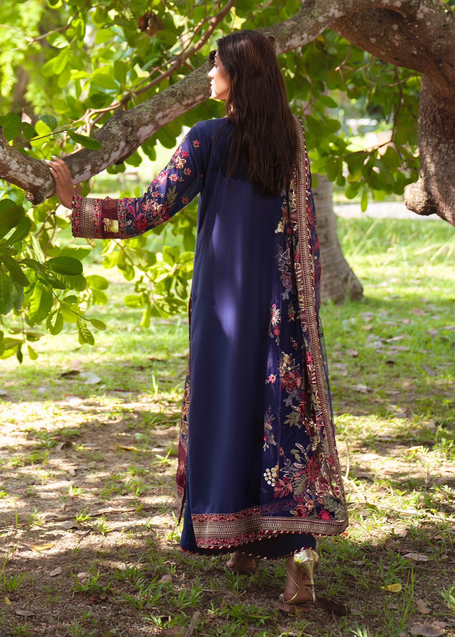 Navy Blue Embroidered Lawn Party Wear Suit Online in Sri Lanka India Australia