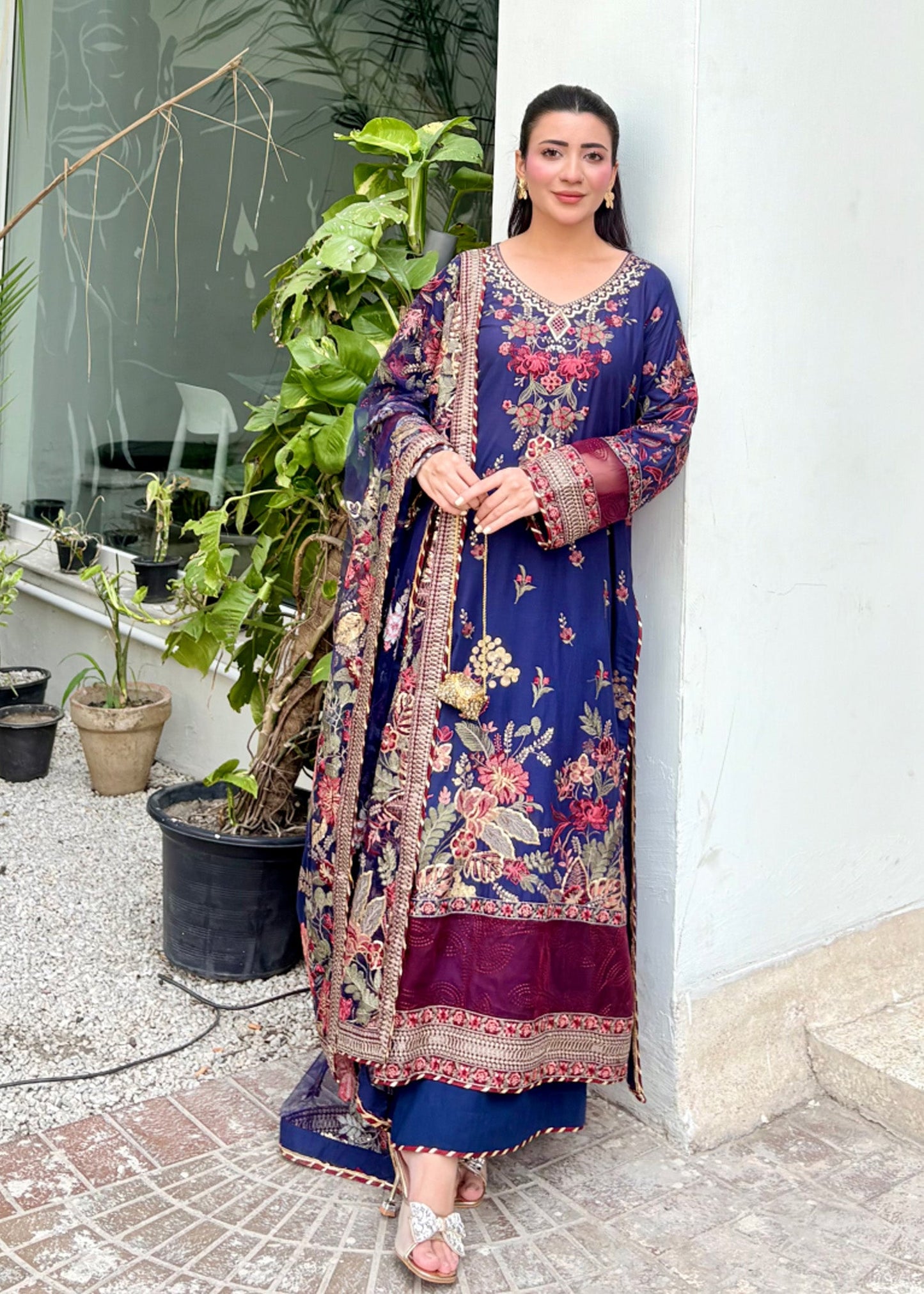 Navy Blue Embroidered Lawn Party Wear Suit Online in Sri Lanka India Australia