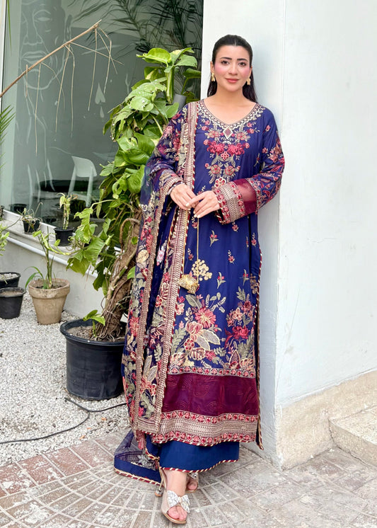 Navy Blue Embroidered Lawn Party Wear Suit Online in Sri Lanka India Australia