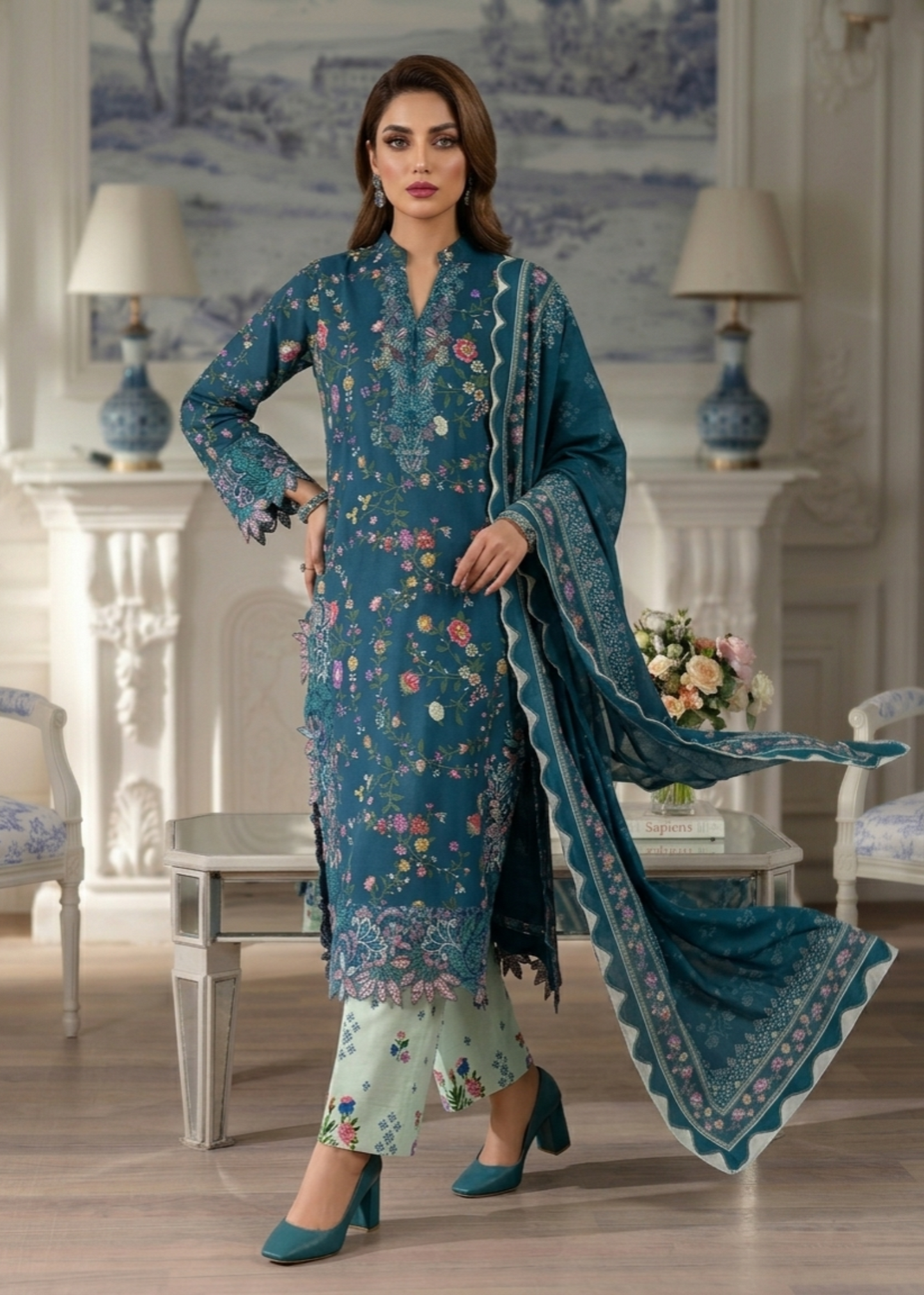 Navy Blue Embroidered Lawn Party Wear Suit Online in Sri Lanka India Australia