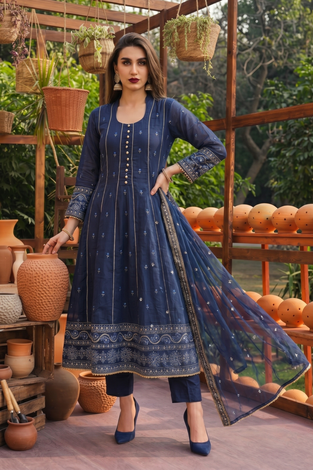Navy Blue Embroidered Lawn Pishwas Suit Online in Dubai UAE Abudhabi Ajman Sharjah