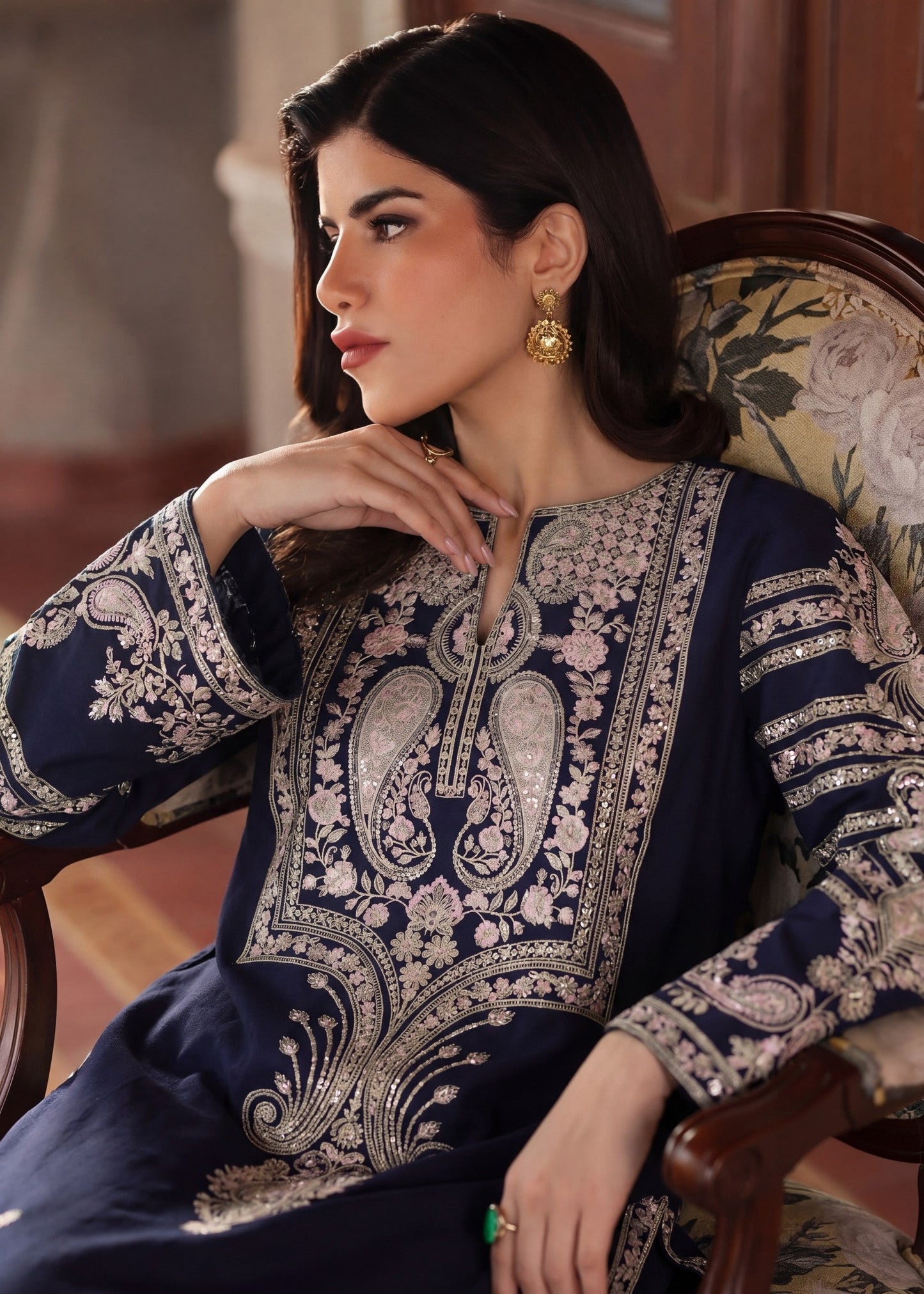 Navy Blue Embroidered Lawn Readymade Suit Online in Dubai DXB UAE Abudhabi Meena Bazaar