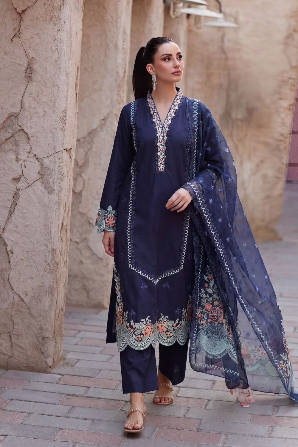 Navy Blue Embroidered Lawn Salwar Suit Online in Dubai UAE Abudhabi Ajman Sharjah