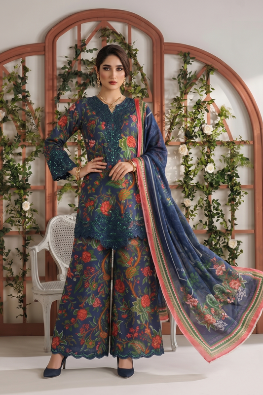 Navy Blue Embroidered Lawn Sharara Gharara Online in Dubai UAE Abudhabi Ajman Sharjah