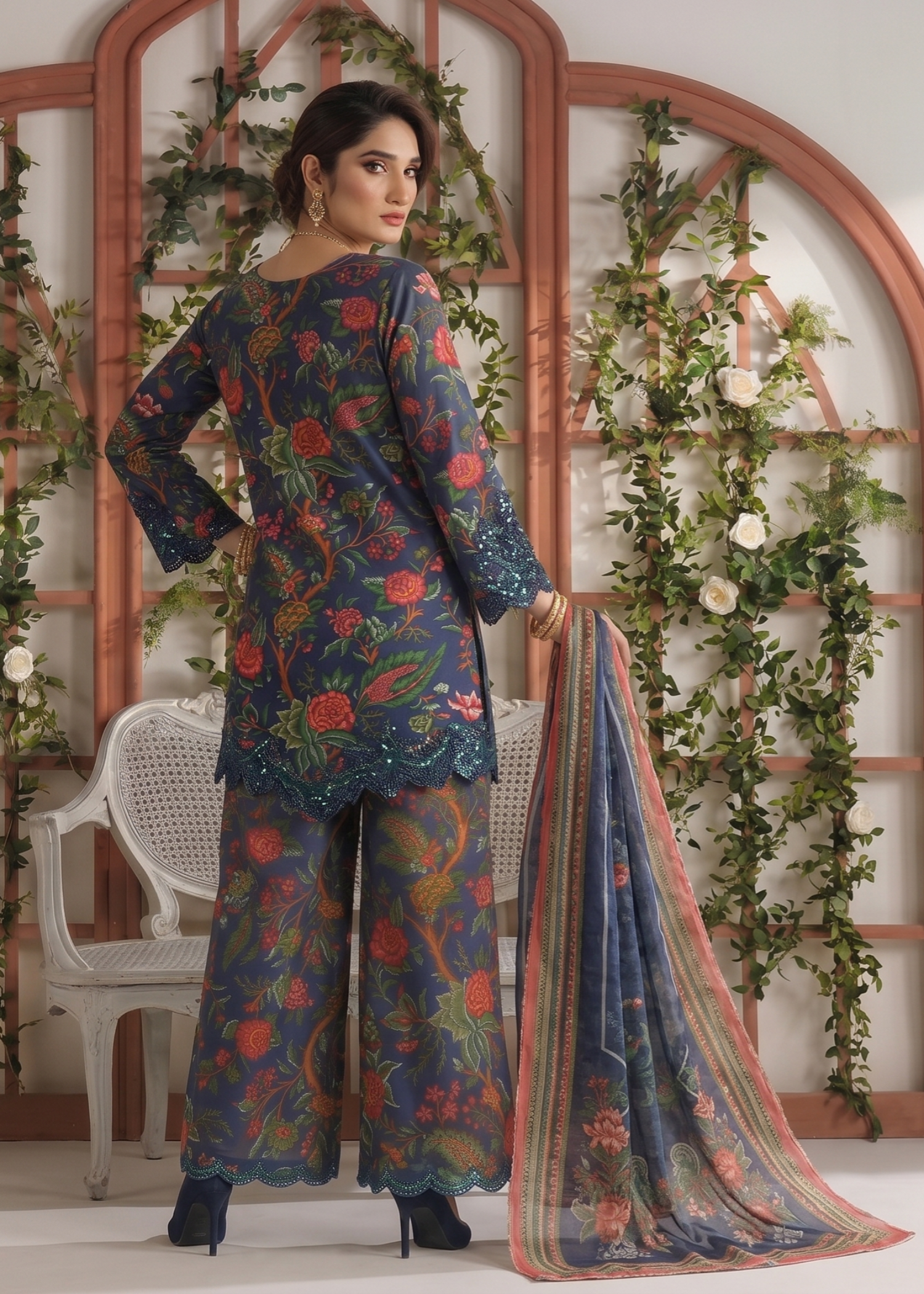 Navy Blue Embroidered Lawn Sharara Gharara Online in Dubai UAE Abudhabi Ajman Sharjah