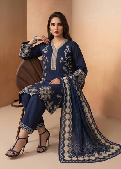 Navy Blue Embroidered Lawn Summer Suit Online in Dubai UAE Abudhabi Ajman Sharjah