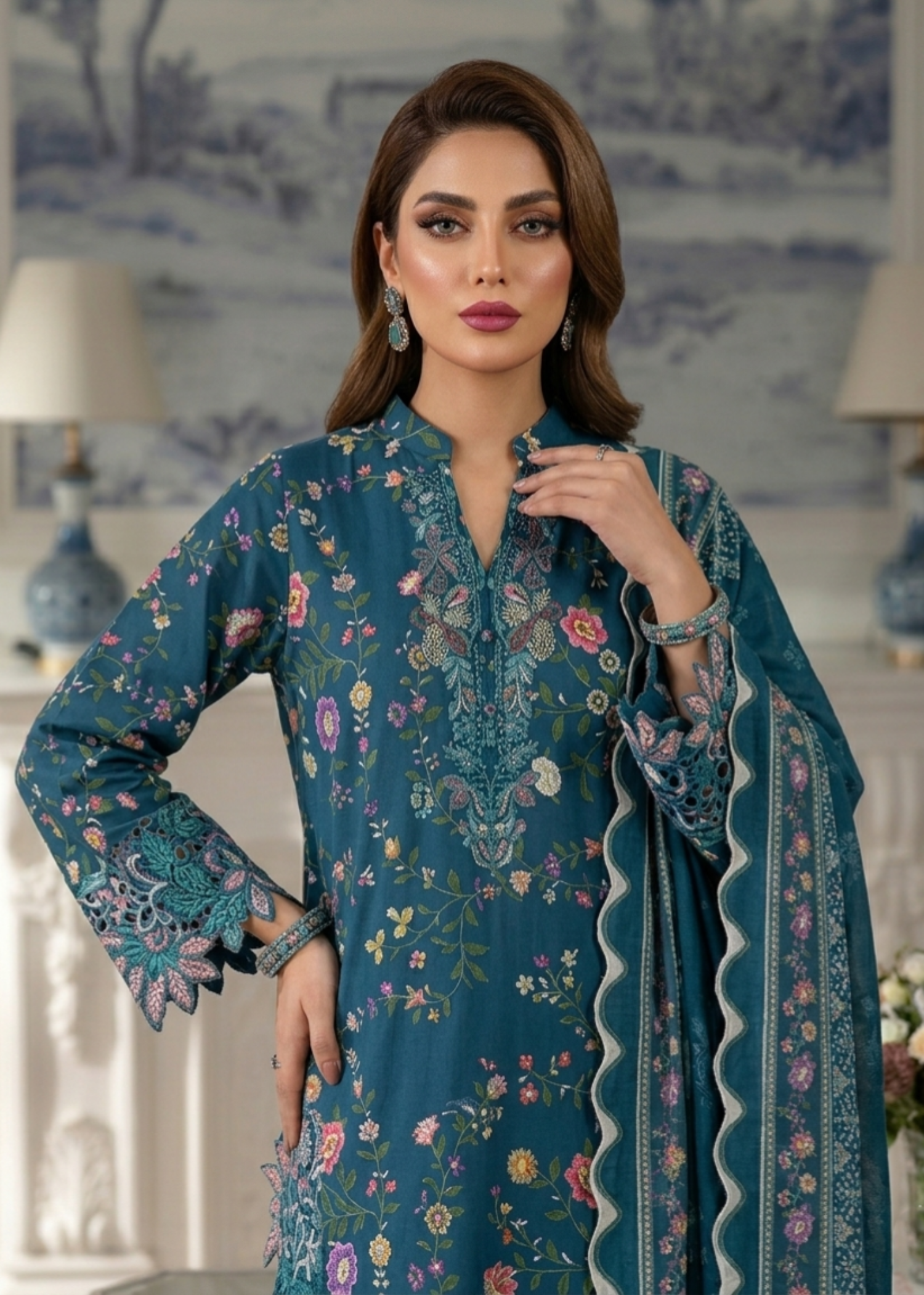 Navy Blue Embroidered Lawn Three Piece Dress Online in UK USA Canada