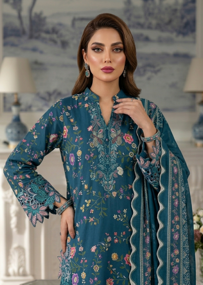 Navy Blue Embroidered Lawn Three Piece Dress Online in UK USA Canada