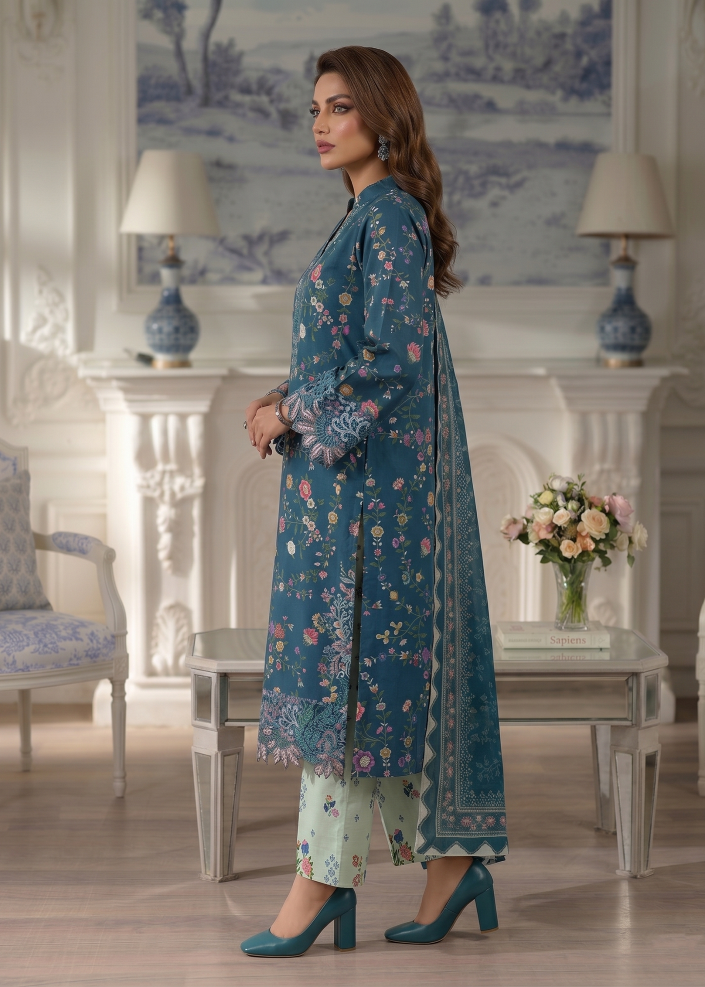 Navy Blue Embroidered Lawn Three Piece Suit Online in Dubai UAE Abudhabi Ajman Sharjah