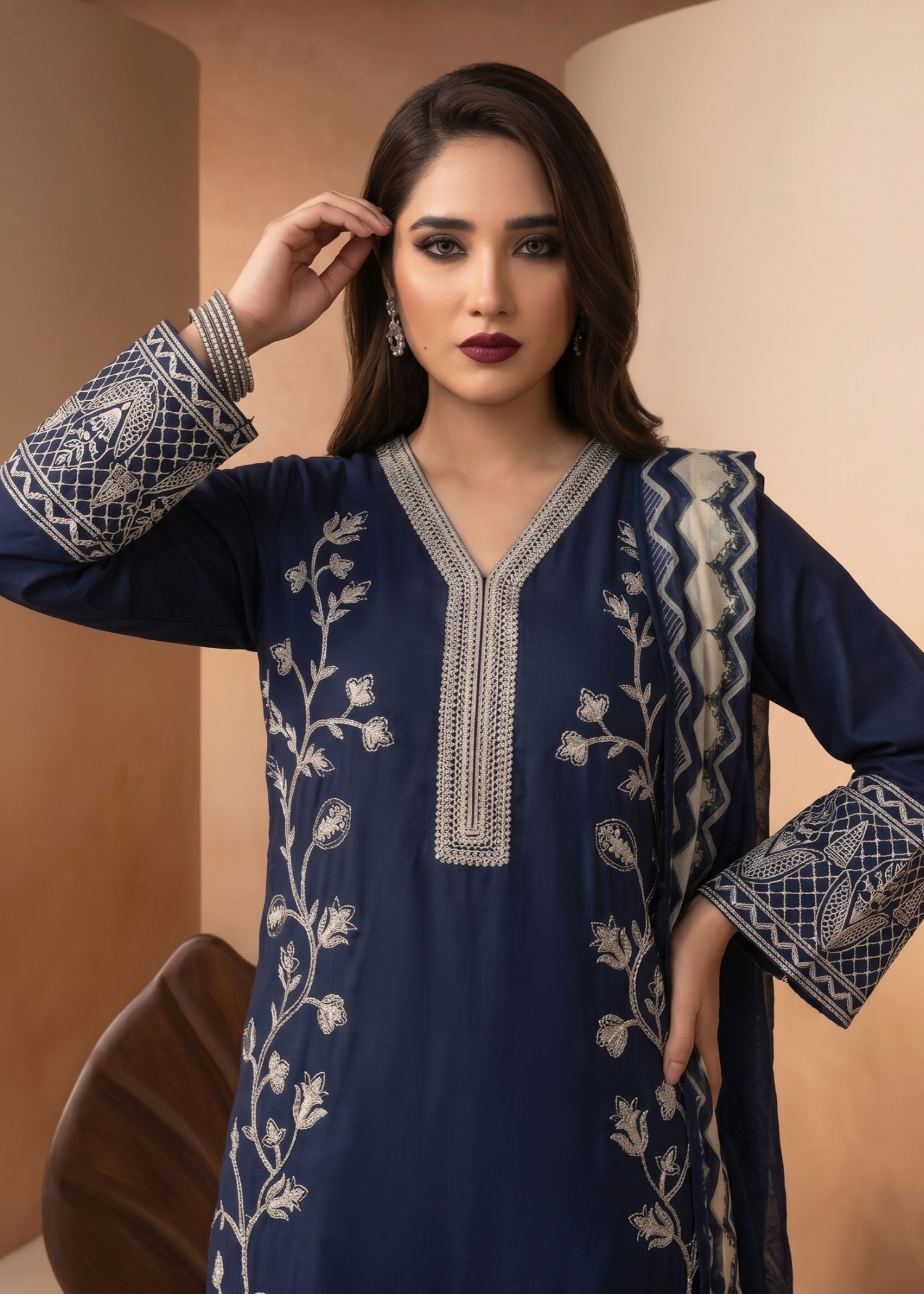 Navy Blue Embroidered Lawn Three Piece Suit Online in Dubai UAE Abudhabi Ajman Sharjah
