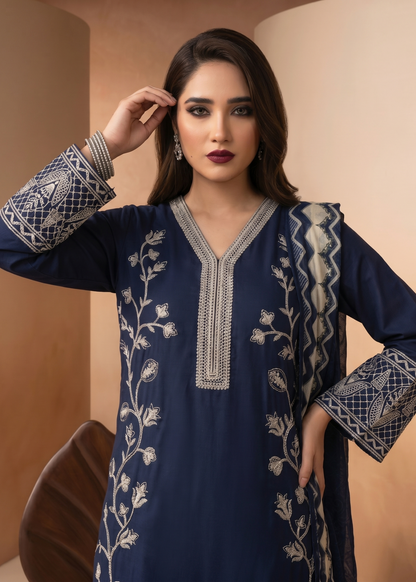 Navy Blue Embroidered Lawn Three Piece Suit Online in Dubai UAE Abudhabi Ajman Sharjah